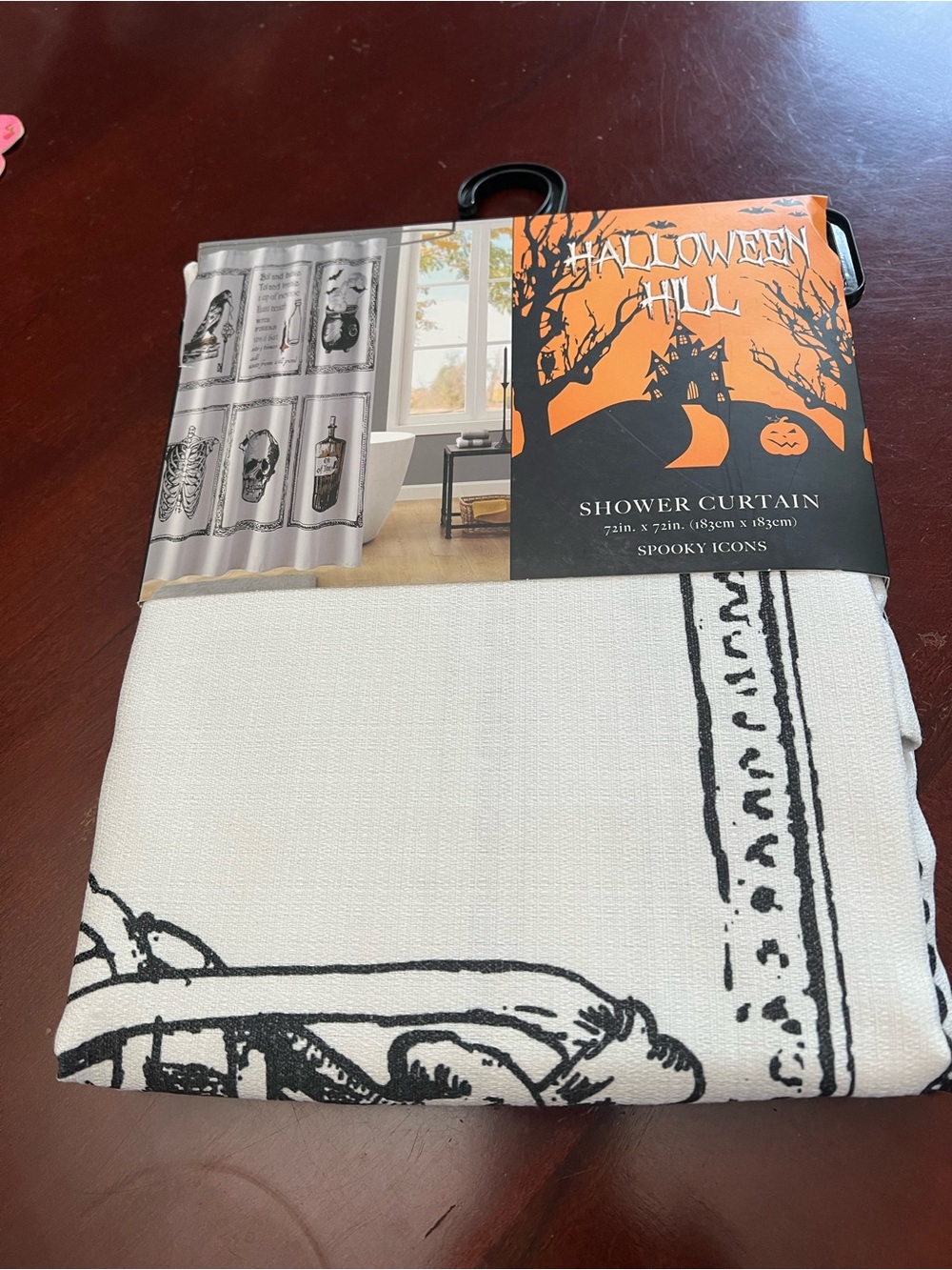 Gray Halloween Shower Curtain with Skull & Potion Prints - Picture 2 of 5